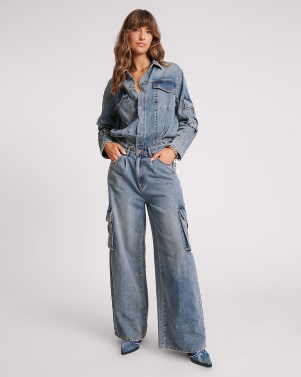 Cargo Trucker Denim Overalls - Blue Blossom