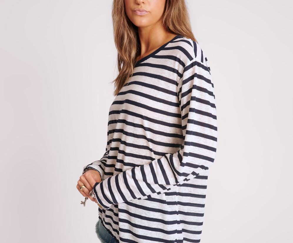 Linen Yarn Dye Stripe Longsleeve Boyfriend Tee - Blue White