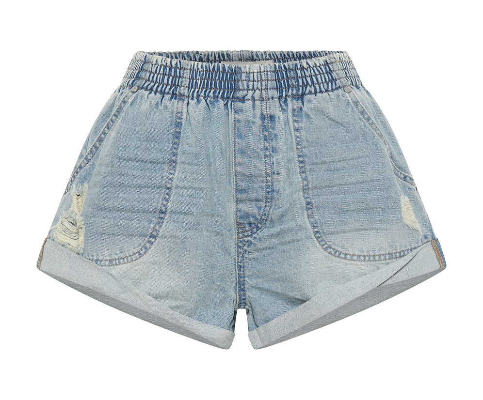 Hunters Mid Waist Boyfriend Elasticated Denim Shorts - Sportster Blue