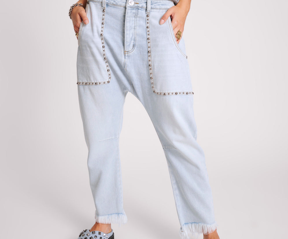 HUSTLER STUDDED SINNERS DROP CROTCH BOYFRIEND JEANS