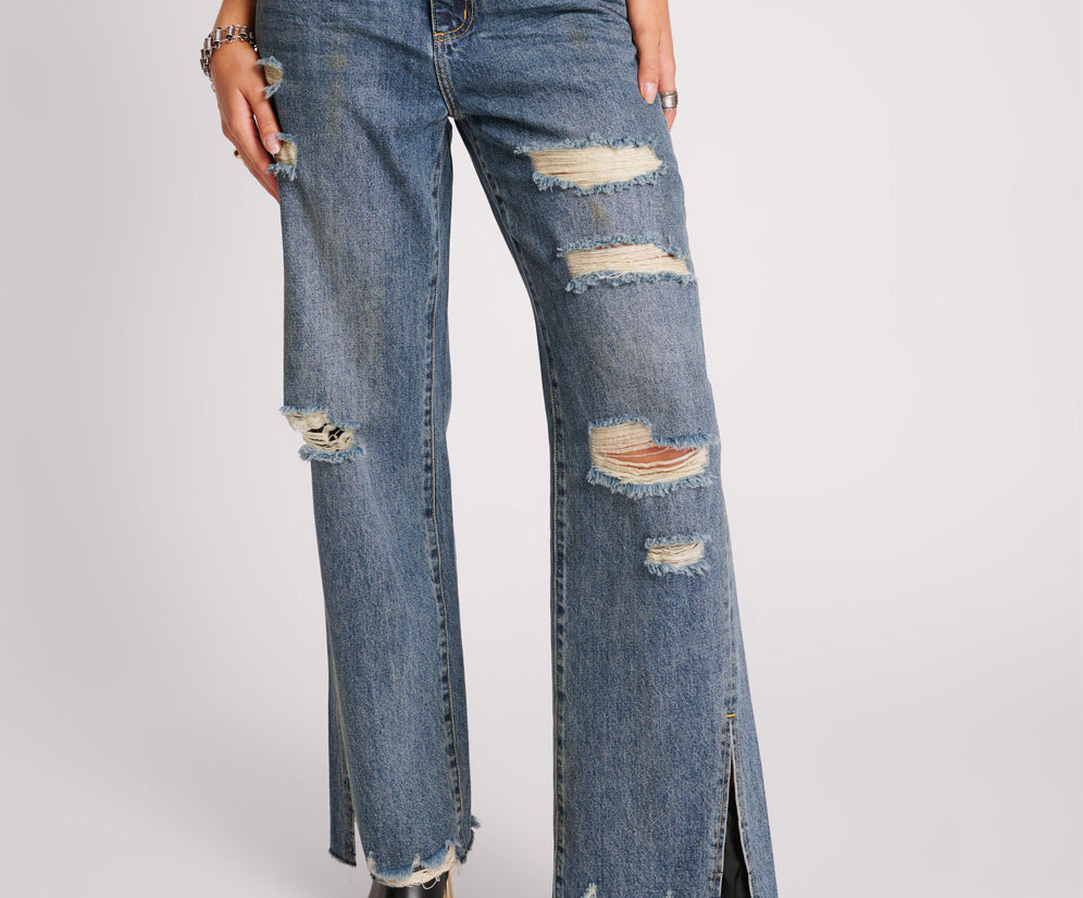 Billie Low Slung Straight Leg Mid Waist Denim Jeans - Used Blue