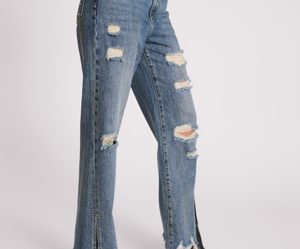 Billie Low Slung Straight Leg Mid Waist Denim Jeans - Used Blue