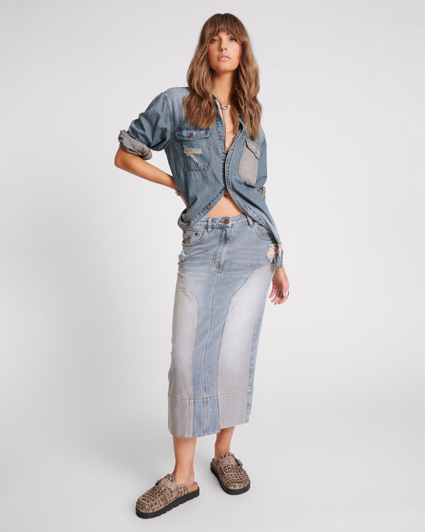 Cassidy Mid Waist Long Denim Column Denim Skirt - Dirty Blue