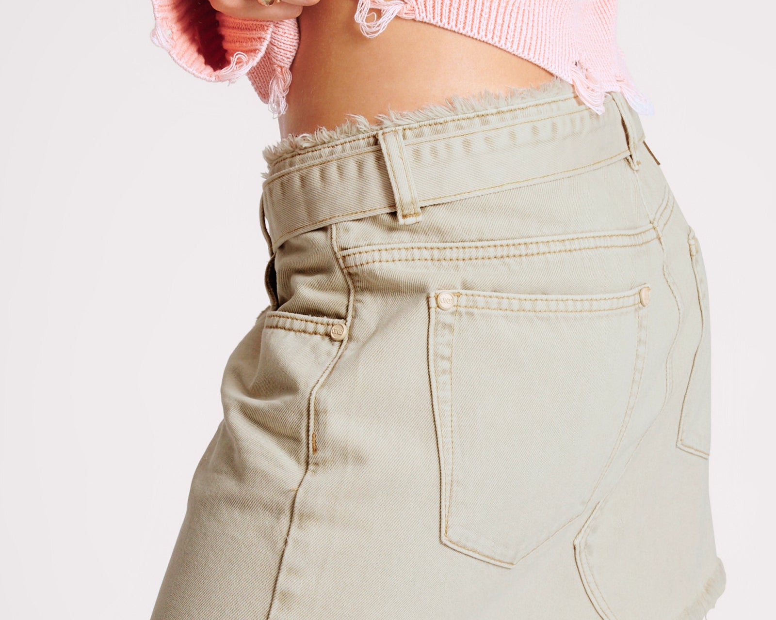 Belted Denim Mini Skirt - Antique Khaki