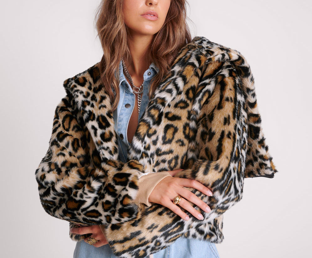 Faux Fur Leopard Split Hood Jacket - Animal