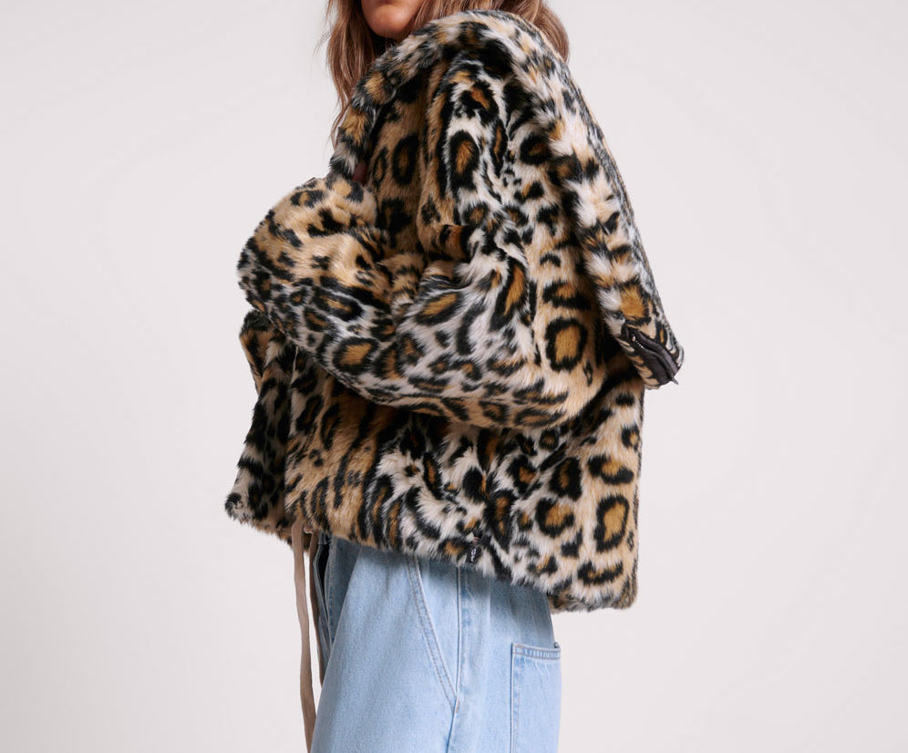 Faux Fur Leopard Split Hood Jacket - Animal