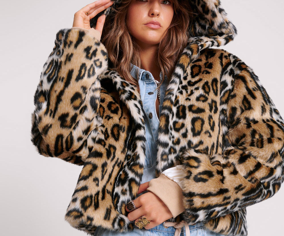 Faux Fur Leopard Split Hood Jacket - Animal