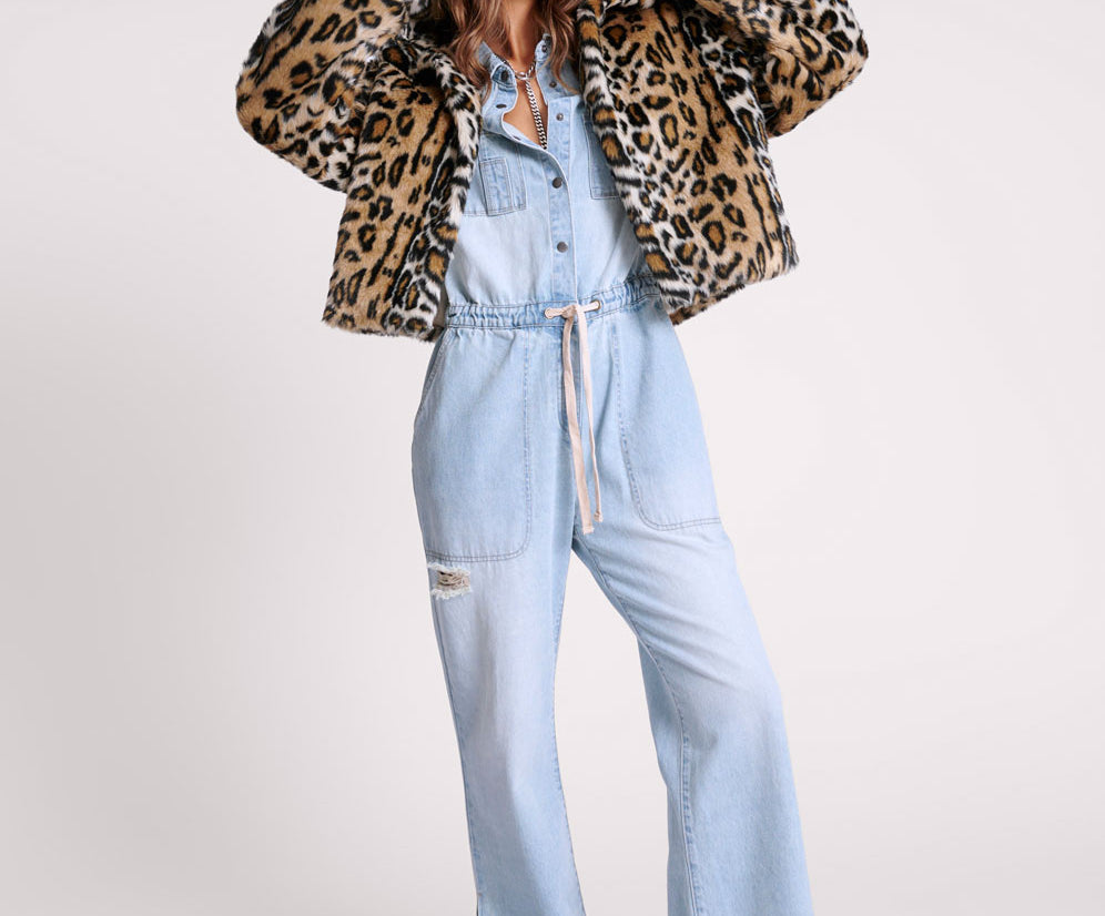 Faux Fur Leopard Split Hood Jacket - Animal