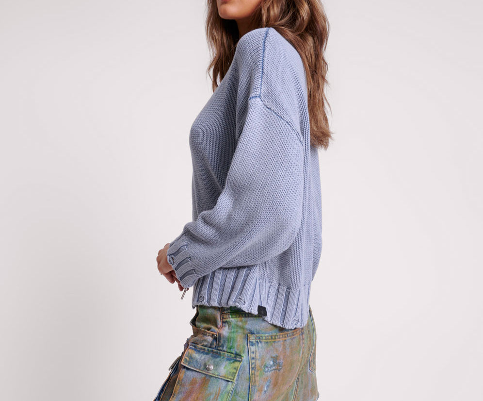 Acid Washed Oversized Pocket Sweater - Washed Blue