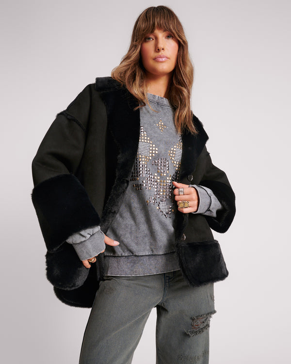 Faux Shearling Aviator Coat - Black