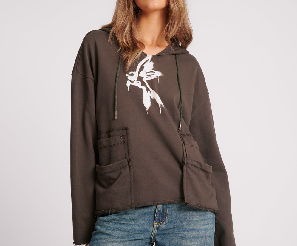 Graffiti Bird Oversized Pocket Hoodie - Volcanic