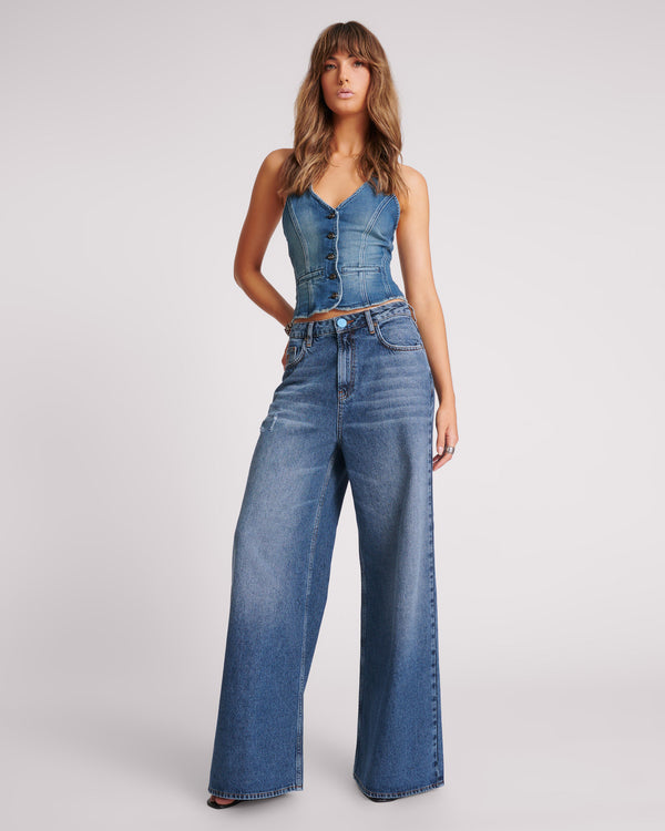 Love Machines Mid Waist Super Wide Leg Denim Jeans - Blue Thunder