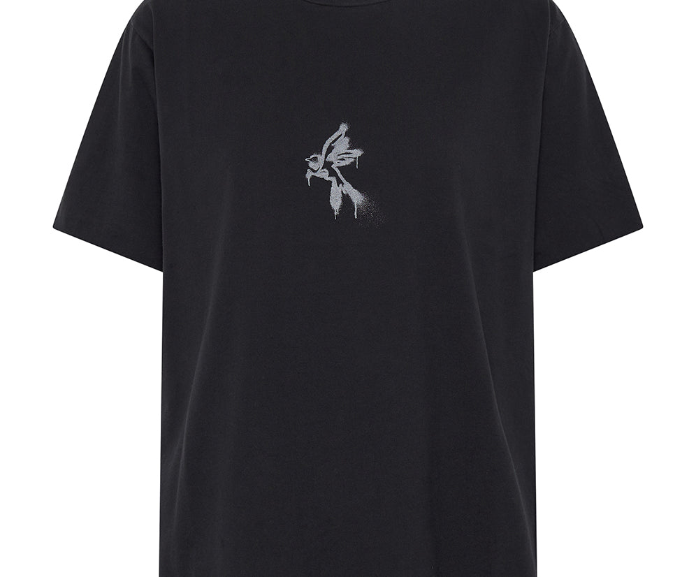 BLACK GRAFFITI BIRD SPLIT HEM TEE