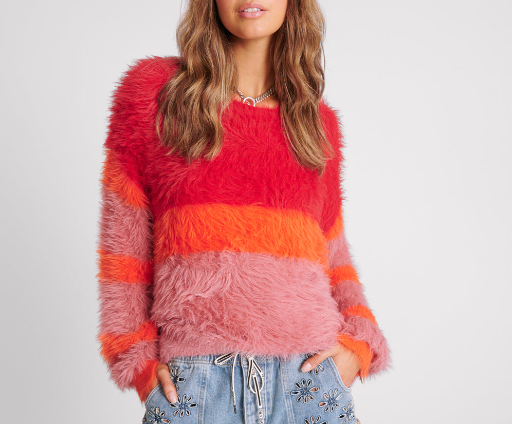 Fluffy Colour Block Sweater - Sunset