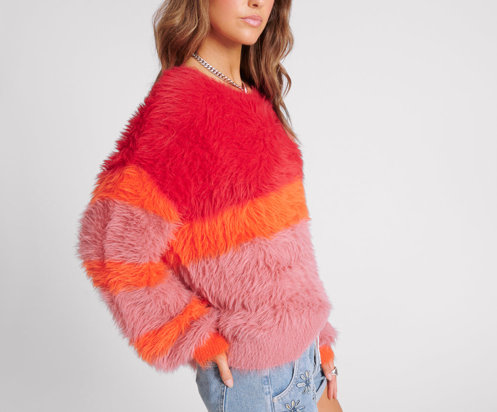 Fluffy Colour Block Sweater - Sunset