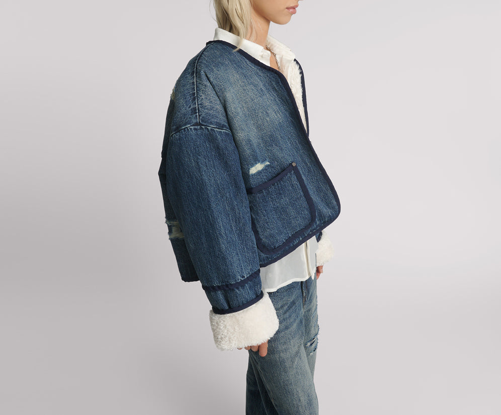 Teddy Cropped Denim Jacket - Boys Club Blue