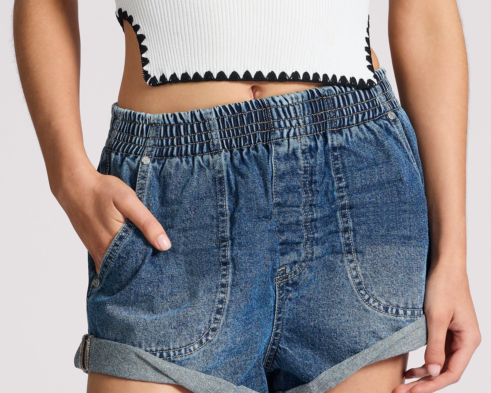 Hunters Mid Waist Boyfriend Elasticated Denim Shorts - Blue Love