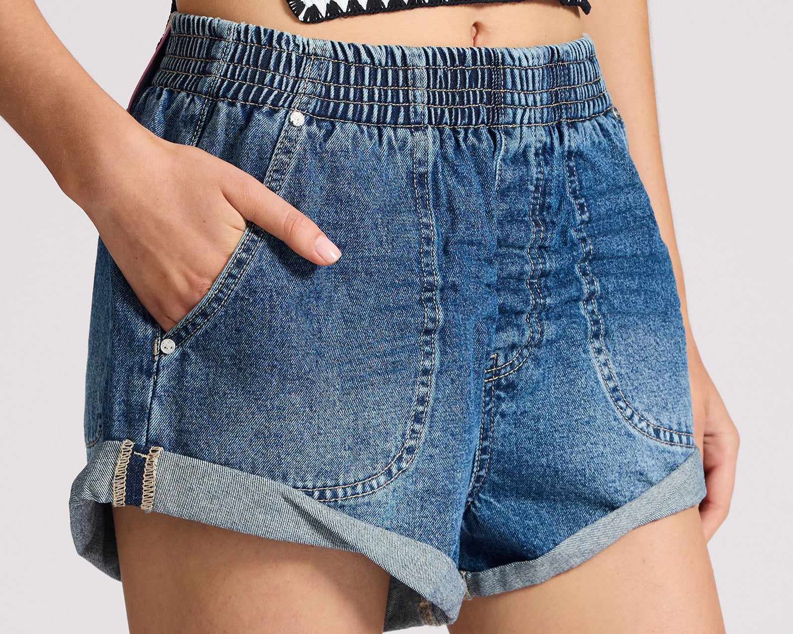 Hunters Elasticated Waist Boyfriend Denim Shorts - Blue Love