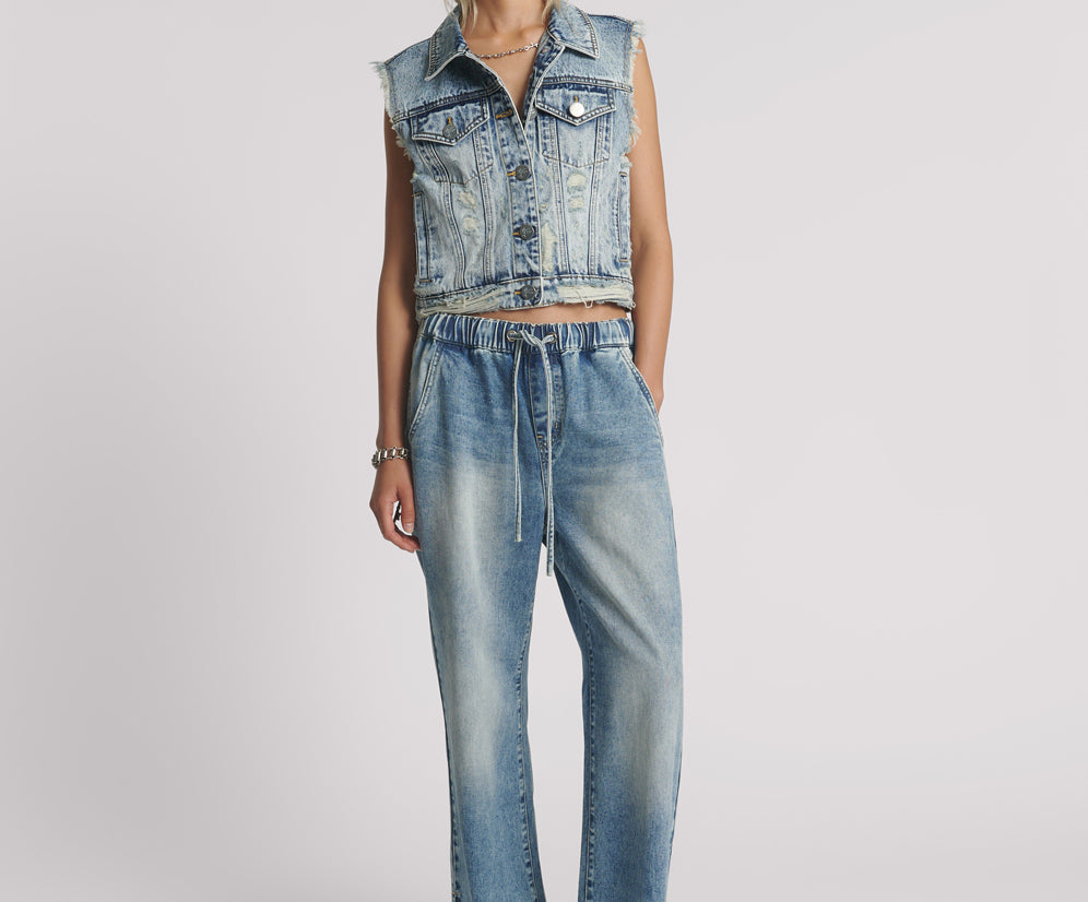 Roadhouse Wide Leg Drawstring Denim Jeans - Sunset Blue