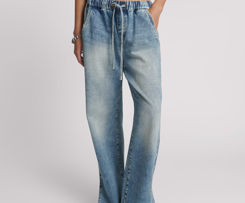 Roadhouse Wide Leg Drawstring Denim Jeans - Sunset Blue