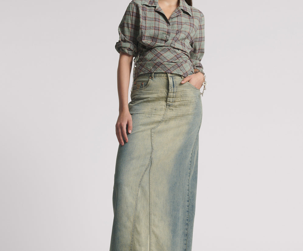 Column Mid Waist Maxi Denim Skirt - Blue Sand