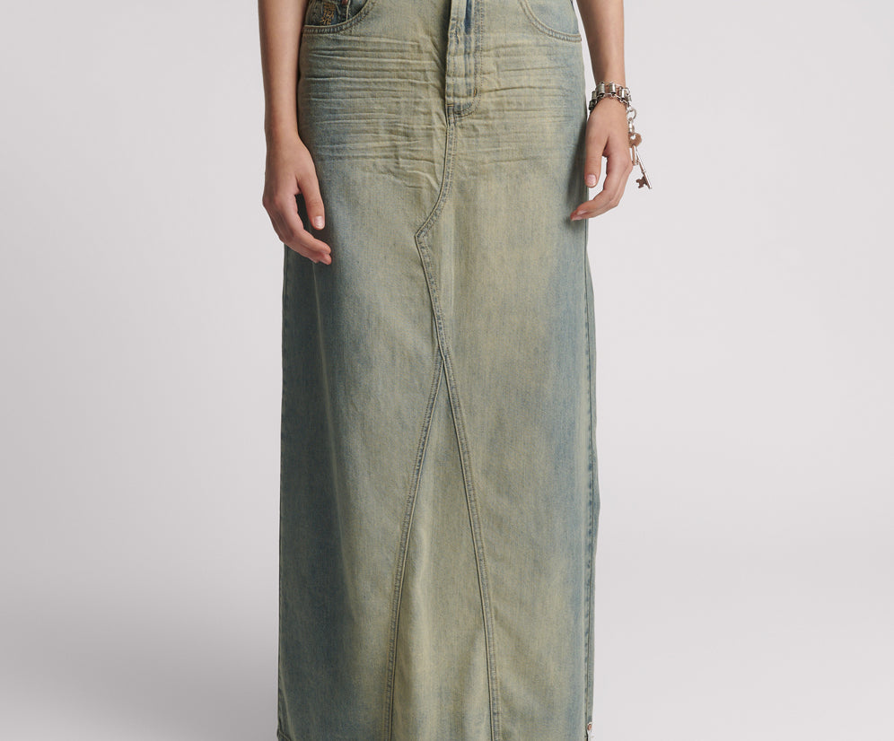 Column Mid Waist Maxi Denim Skirt - Blue Sand