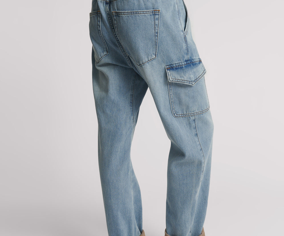 Cargo Shabbies Low Waist Drawstring Boyfriend Denim Jeans - Blue Tobacco