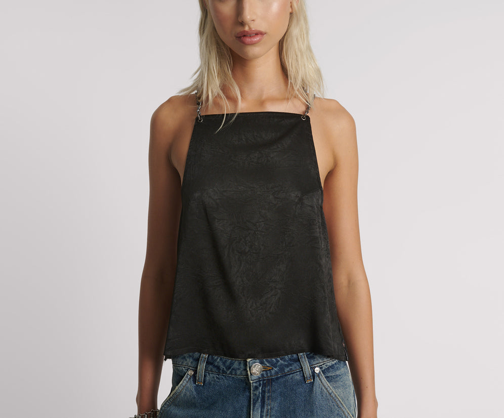 Heaven Chain Satin Backless Top - Black