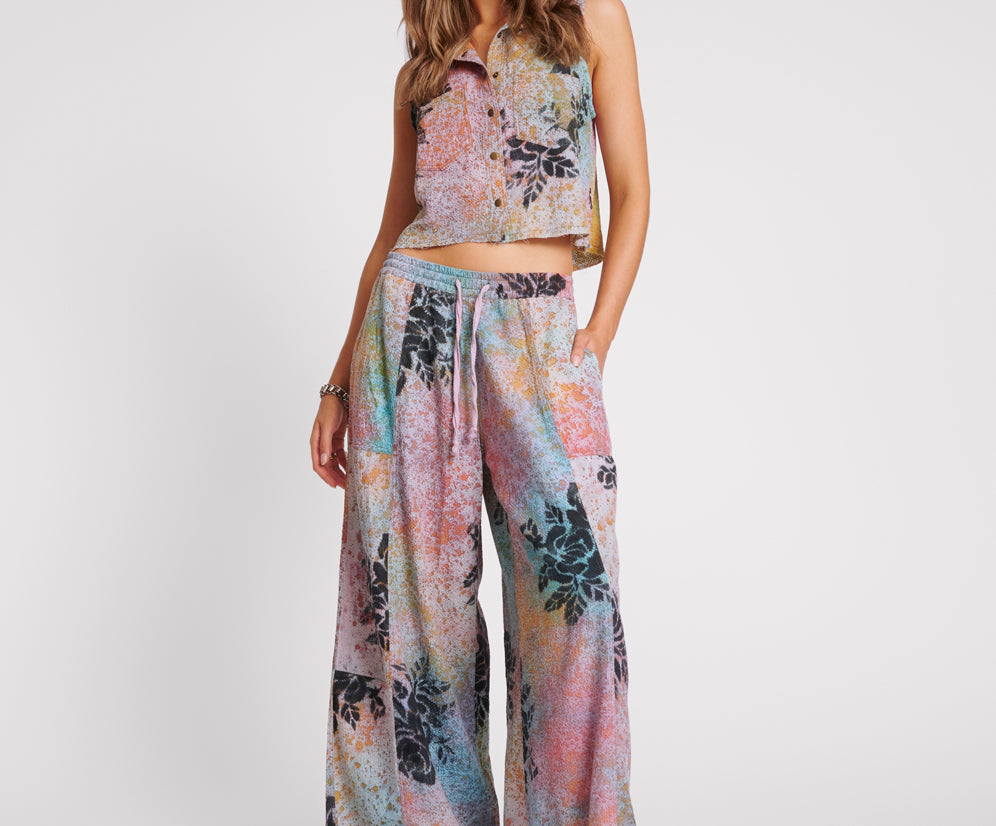 ROSE TATTOO HAND PAINTED FLORAL PALAZZO PANTS