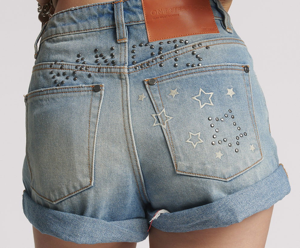 Bandits High Waist Studded Denim Shorts - Blue Malt