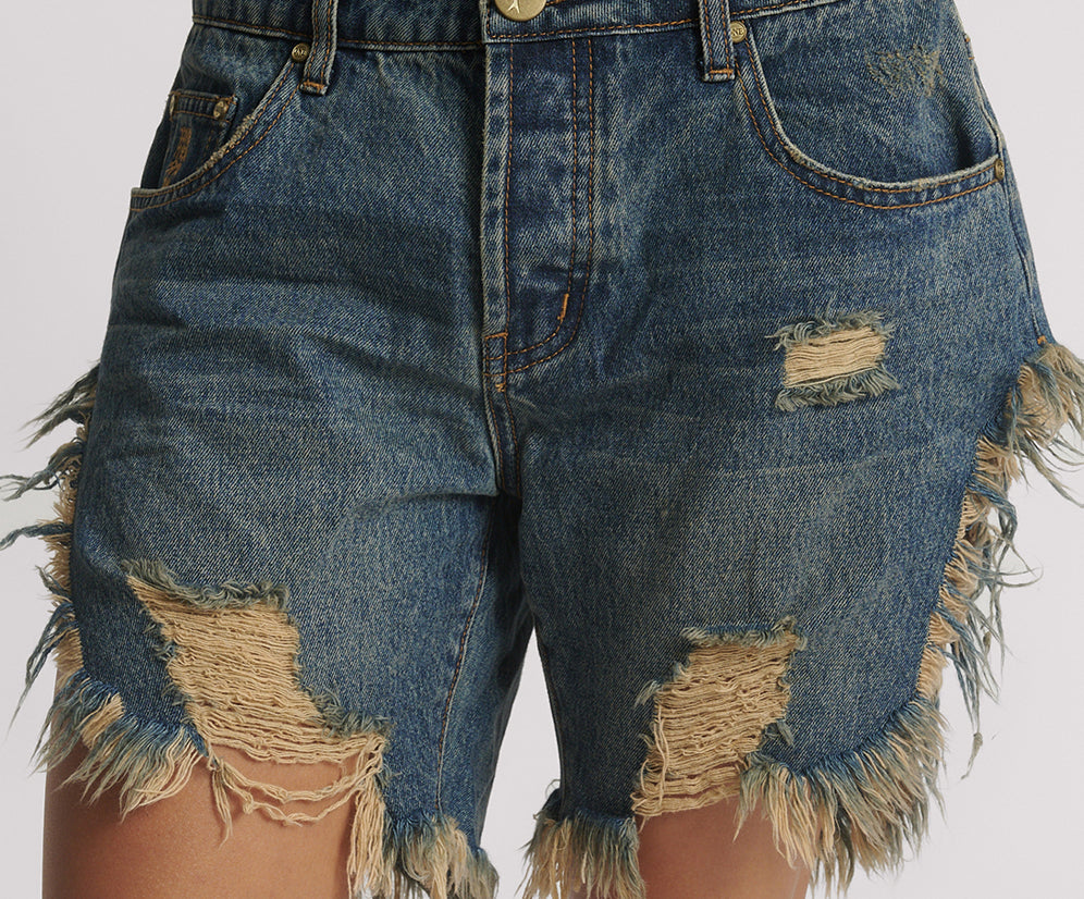 Frankies Low Waist Long Length Denim Shorts - Dirty Blue Love