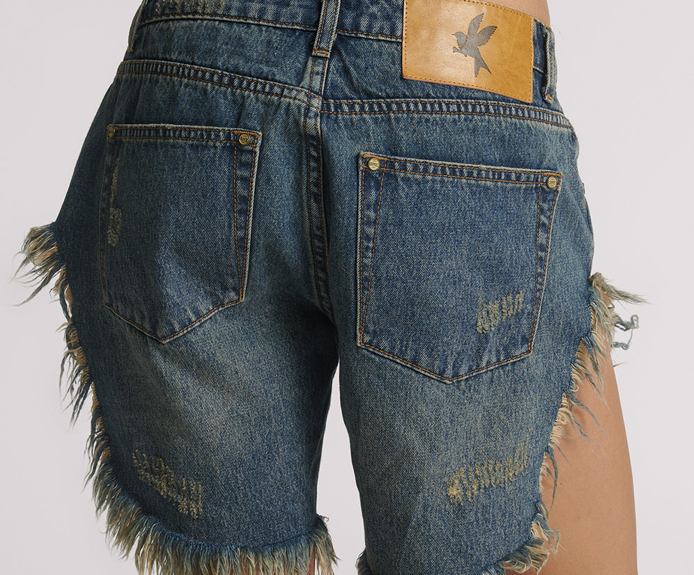 Frankies Low Waist Long Length Denim Shorts - Dirty Blue Love