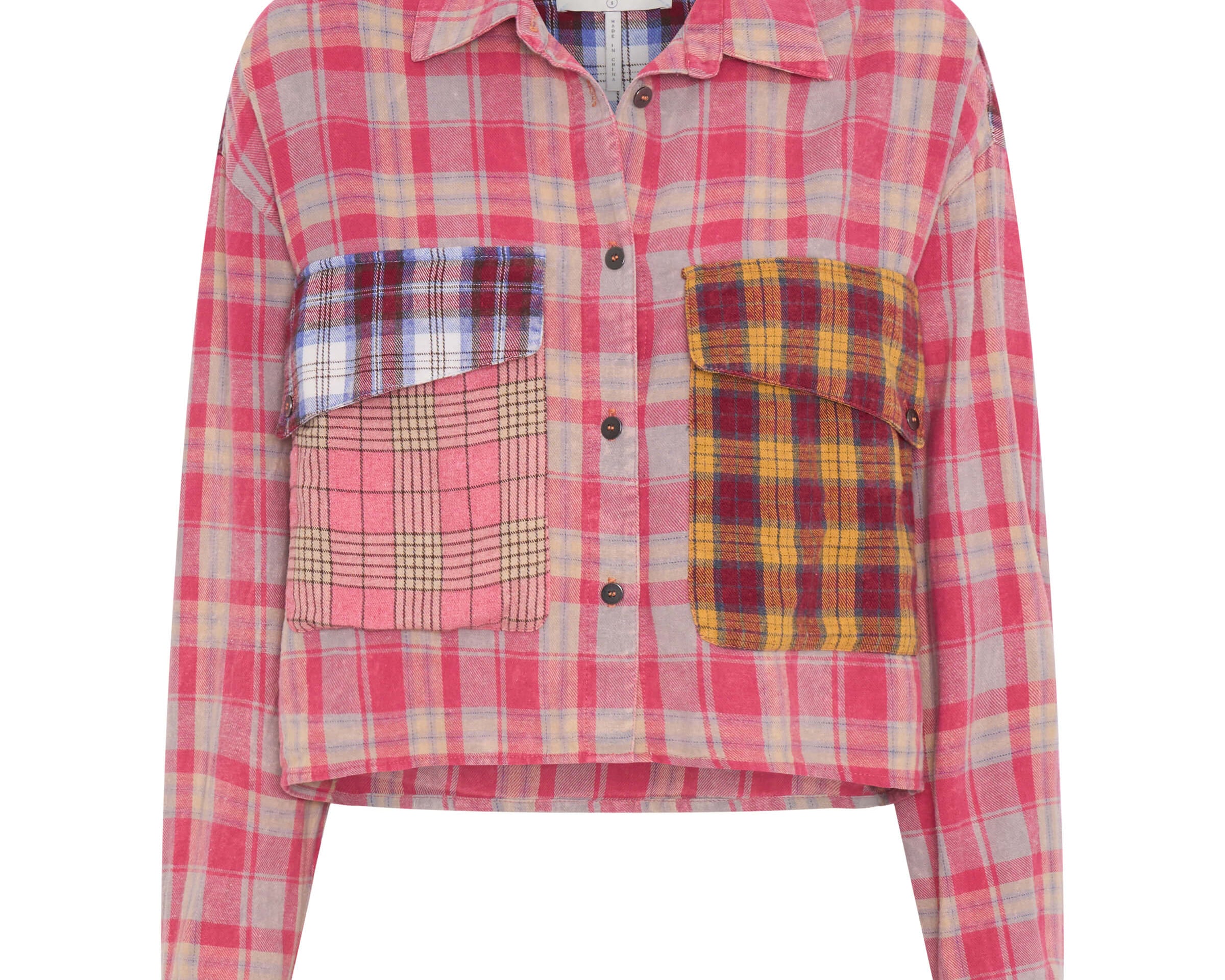 Flannel Oversized Pocket Cropped Shirt - Pink