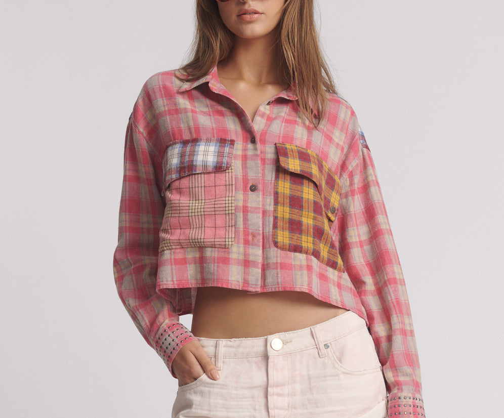 Flannel Oversized Pocket Cropped Shirt - Pink