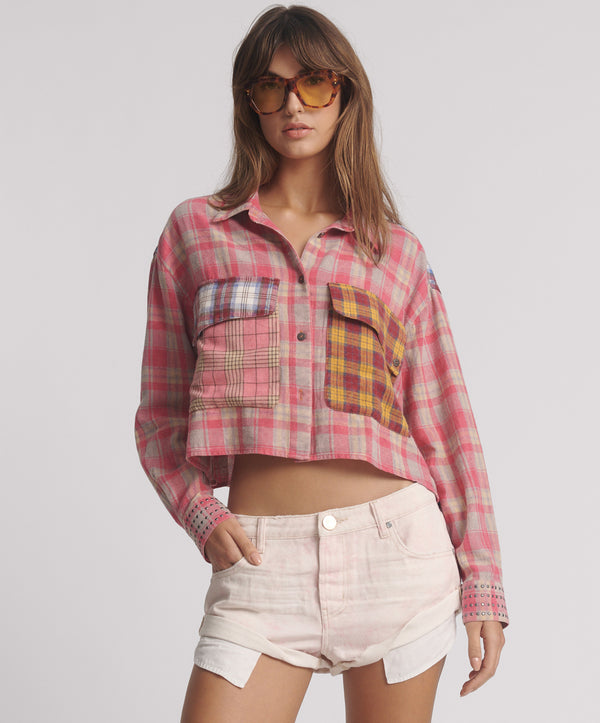 Flannel Oversized Pocket Cropped Shirt - Pink