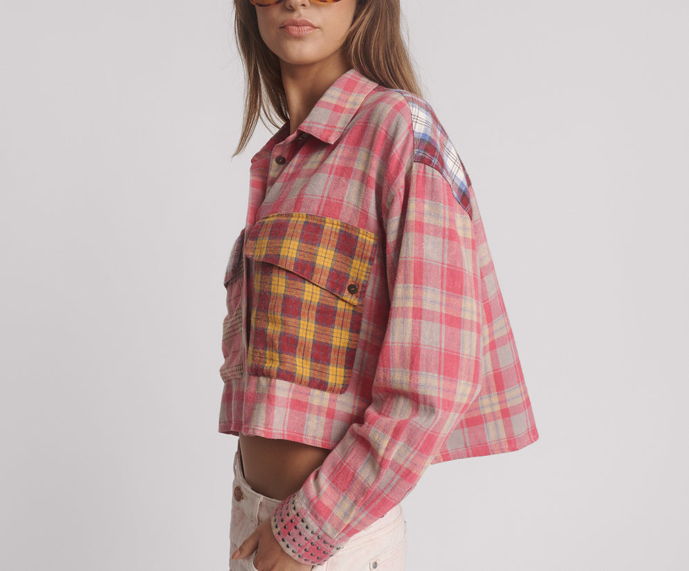 Flannel Oversized Pocket Cropped Shirt - Pink