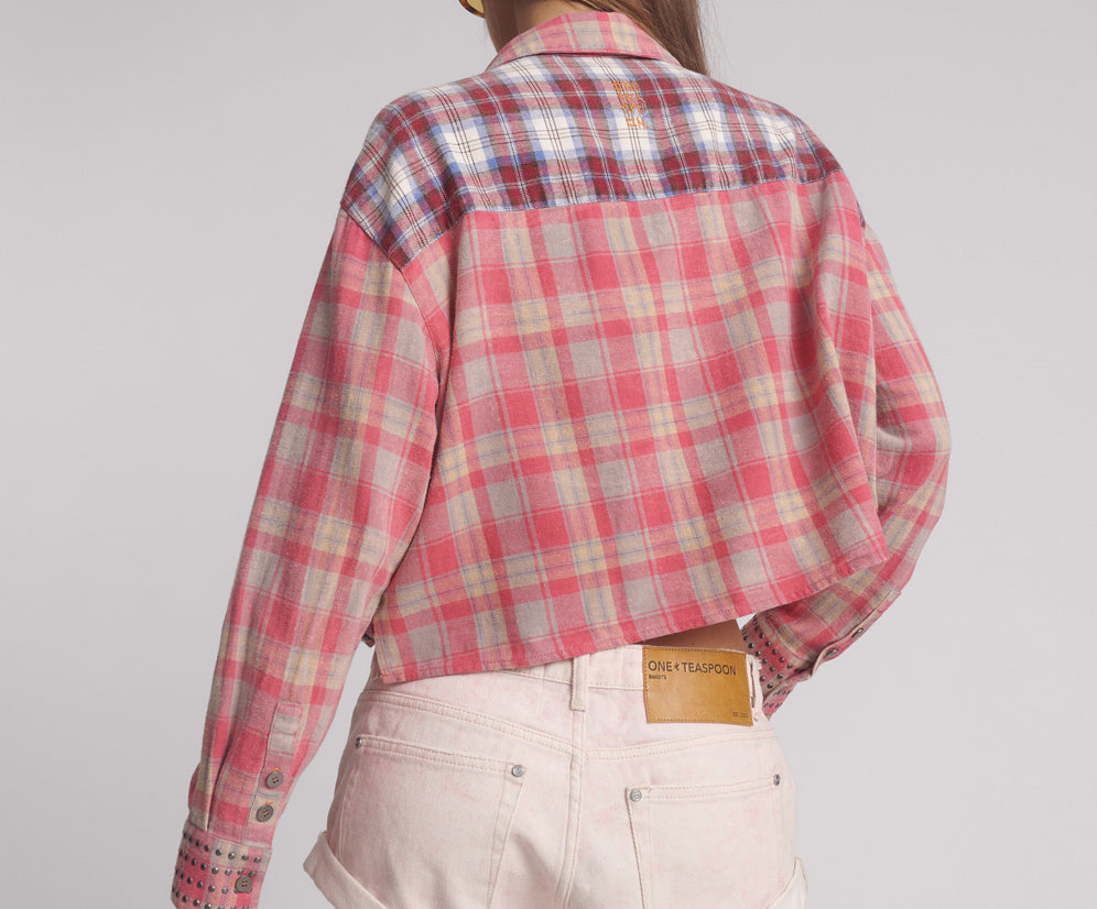 Flannel Oversized Pocket Cropped Shirt - Pink