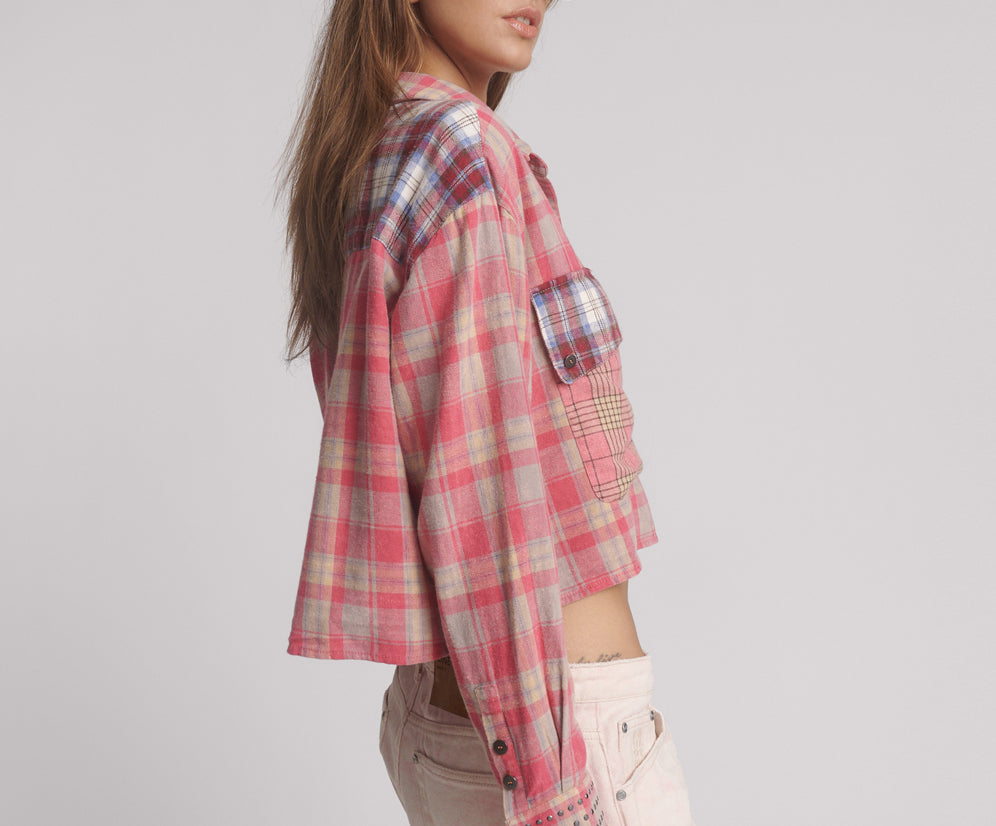 Flannel Oversized Pocket Cropped Shirt - Pink