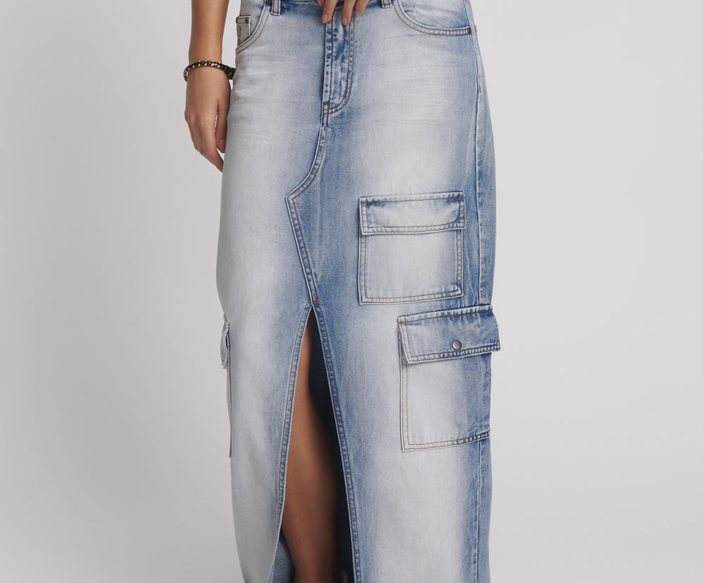 Epic Cargo Mid Waist Maxi Denim Skirt - Blue Summer