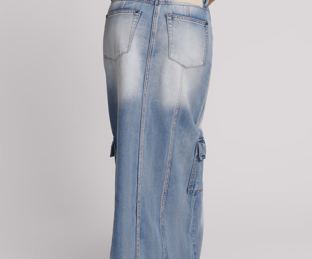 Epic Cargo Mid Waist Maxi Denim Skirt - Blue Summer