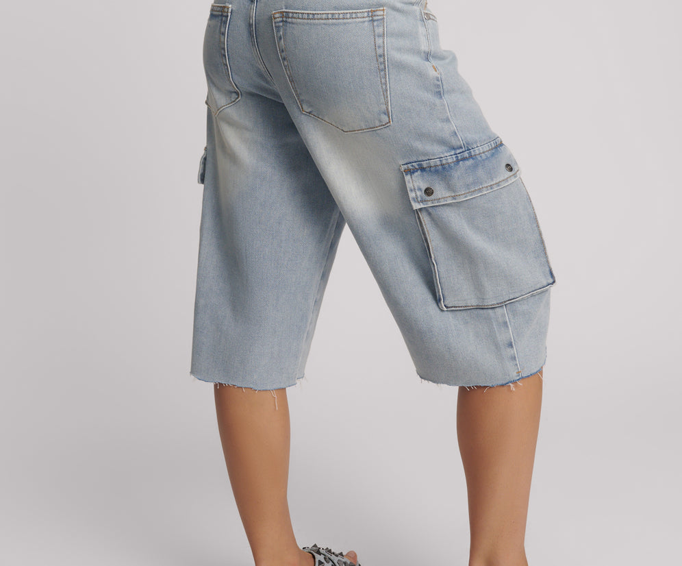 Skater Girl Low Wast Long Leg Shorts - Soft Blue