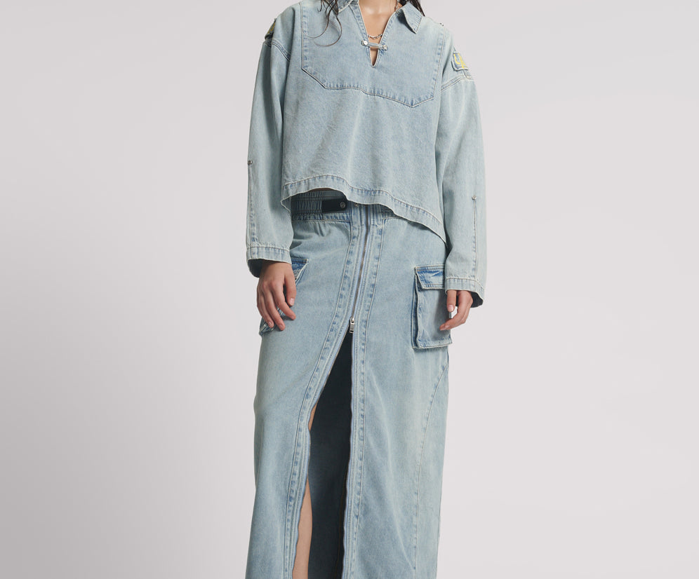 Parachute Low Waist Split Front Maxi Denim Skirt - Soft Blue