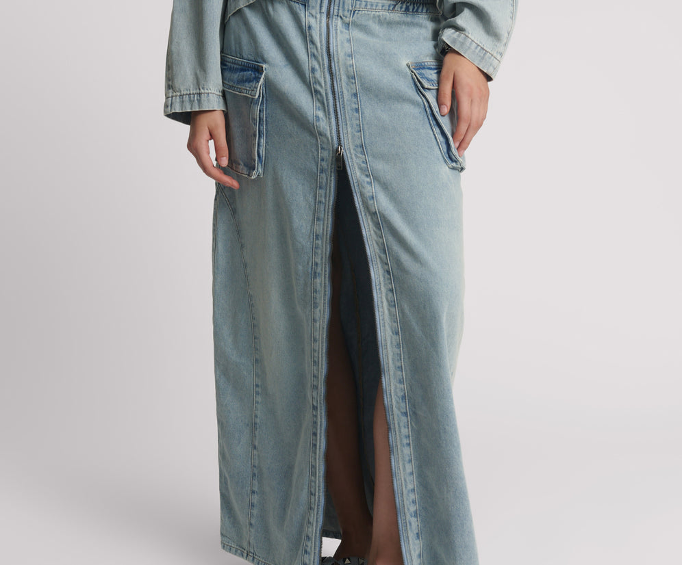 Parachute Low Waist Split Front Maxi Denim Skirt - Soft Blue