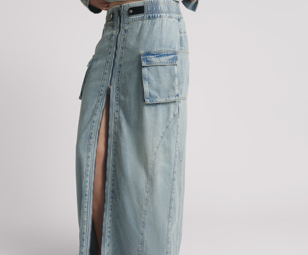 Parachute Low Waist Split Front Maxi Denim Skirt - Soft Blue