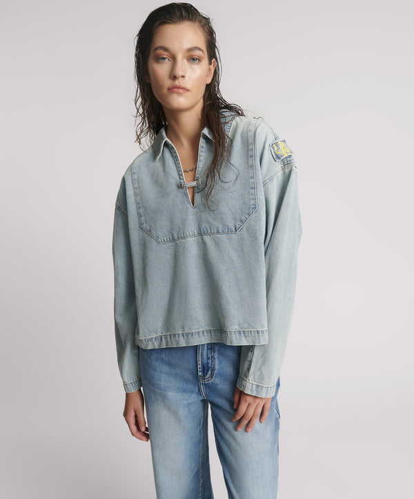 Retro Pullover Denim Shirt - Soft Blue