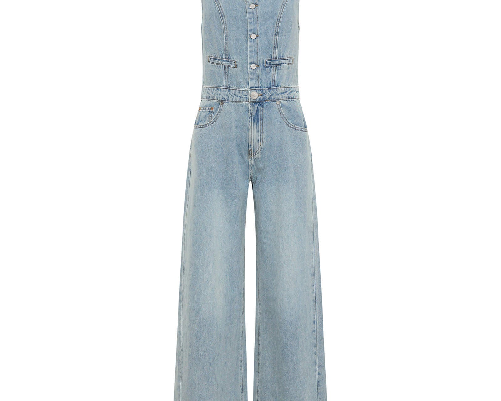 Love Machines Sleeveless Wide Leg Fitted Denim Jumpsuit - Soft Blue