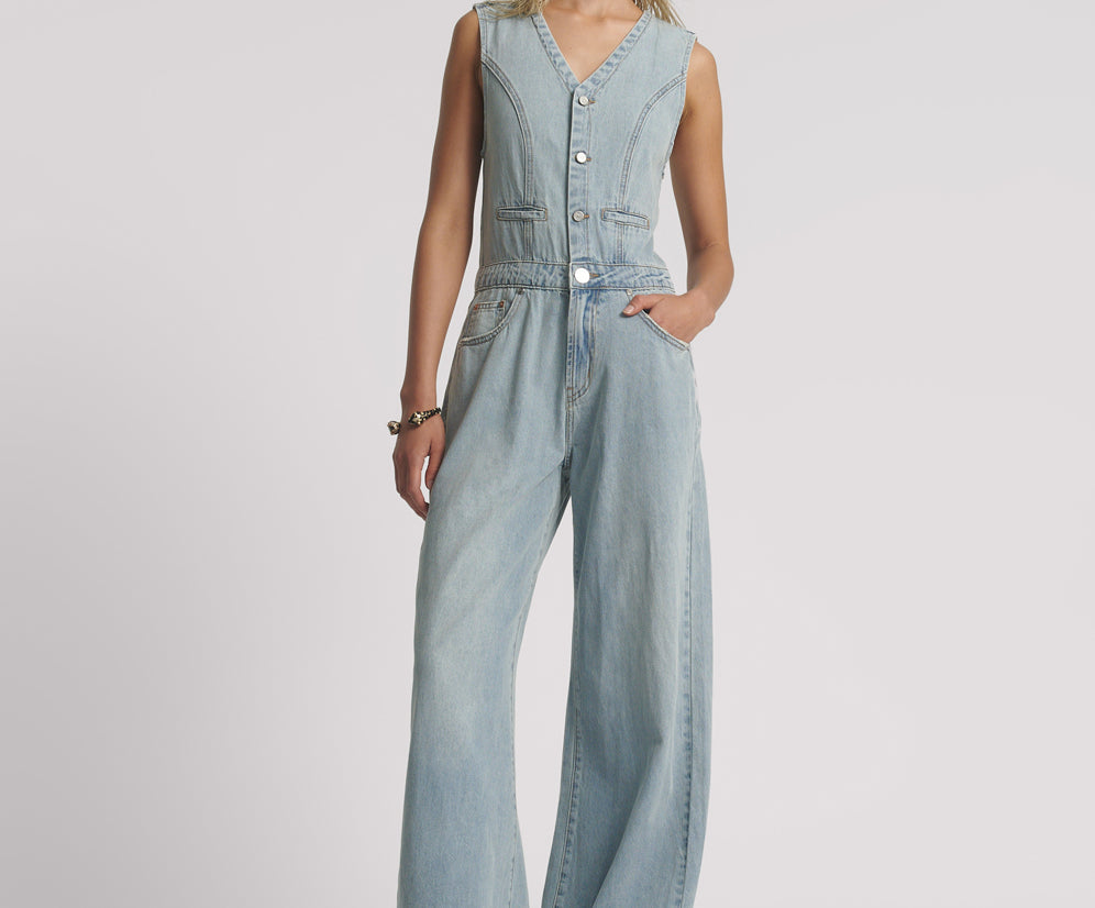 Love Machines Sleeveless Wide Leg Fitted Denim Jumpsuit - Soft Blue