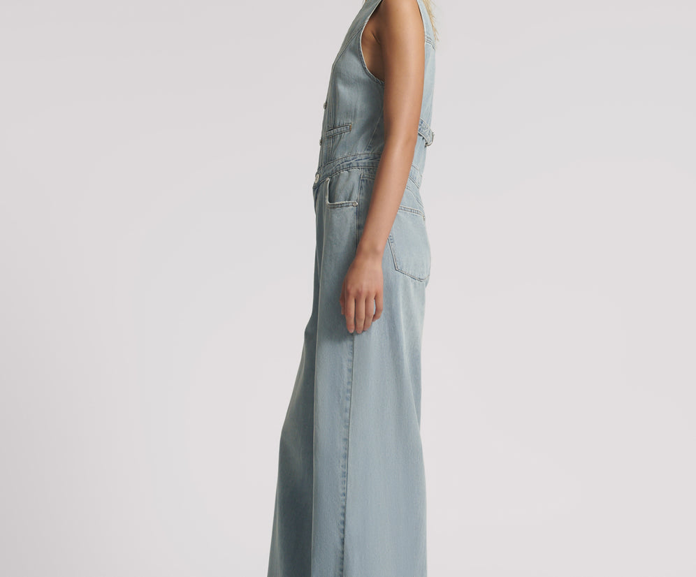 Love Machines Sleeveless Wide Leg Fitted Denim Jumpsuit - Soft Blue