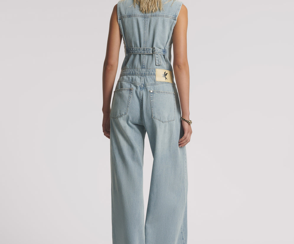 Love Machines Sleeveless Wide Leg Fitted Denim Jumpsuit - Soft Blue