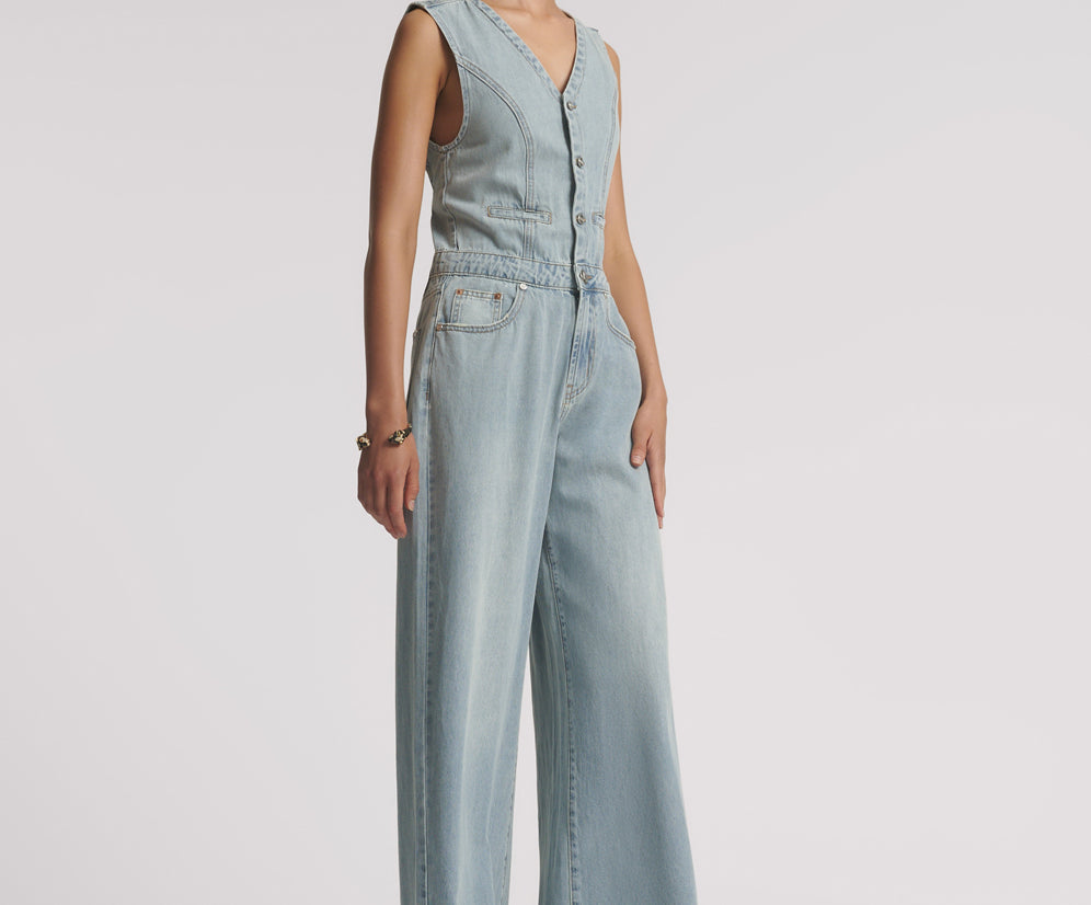 Love Machines Sleeveless Wide Leg Fitted Denim Jumpsuit - Soft Blue